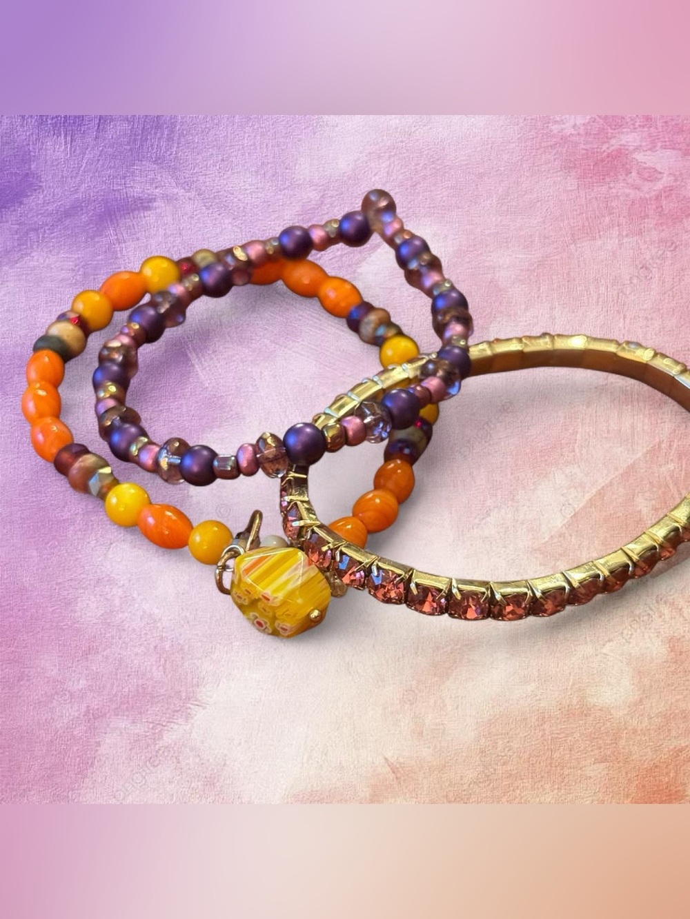 Bright Orange & Purple Beaded Bracelet Set with Gold Accent